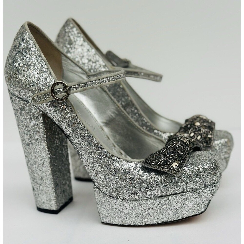 Alice + Olivia Silver Glitter Platform Heels Ankle Strap Bow Round Toe Sz 8